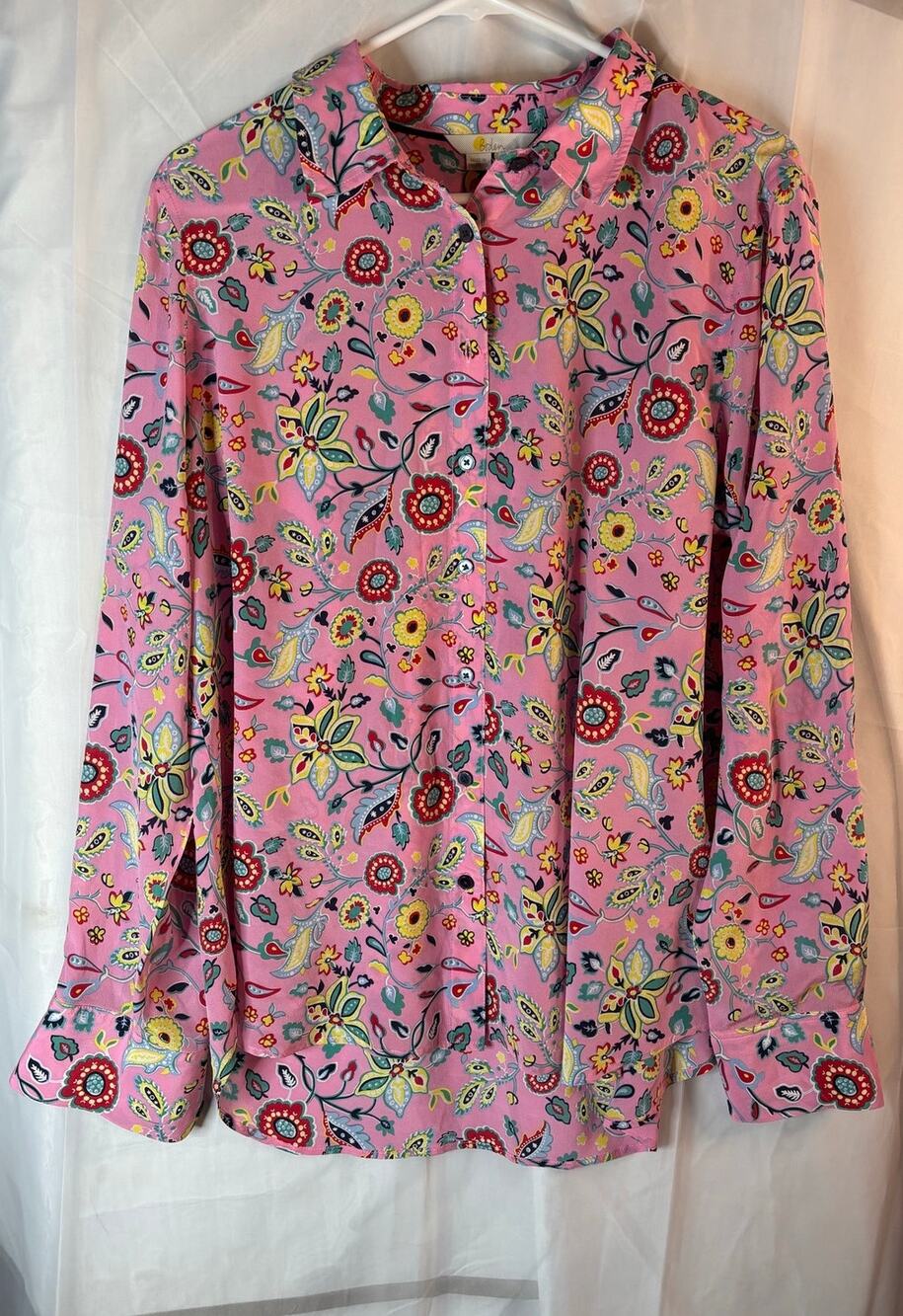 Boden Pink Floral Silk Button Down Long Sleeve Size 14